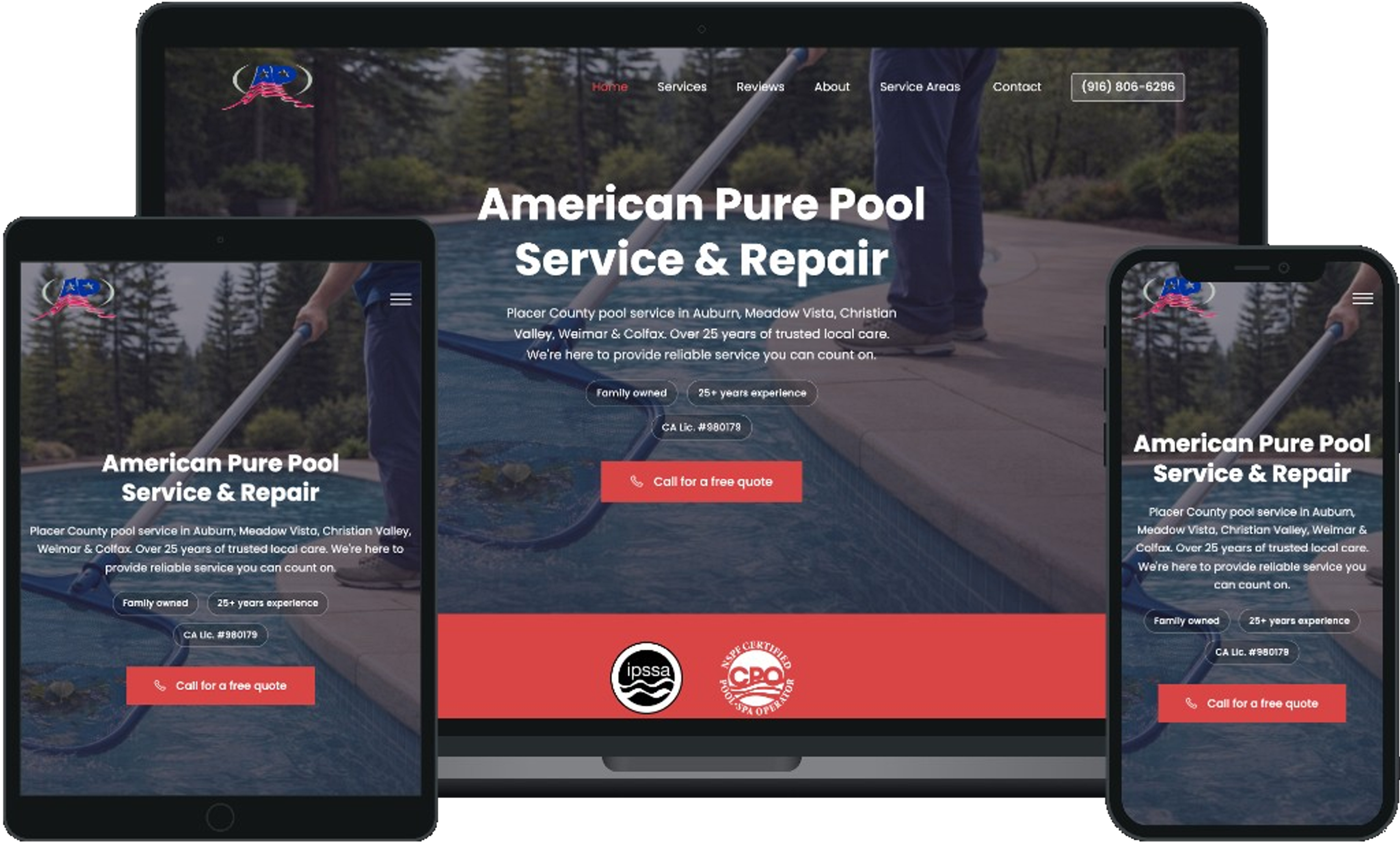 American Pure Pools website shown on laptop, tablet, and phone